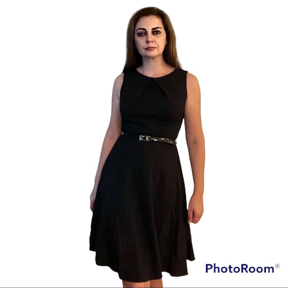 AB Studio Black Belted A-line Knee length Dress 8
